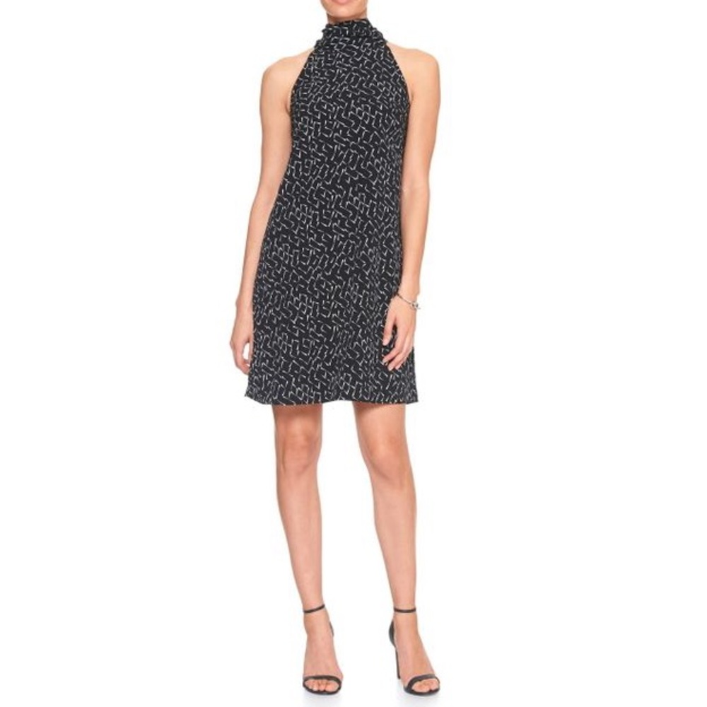 Banana Republic Black Print Tie Neck Shift Dress